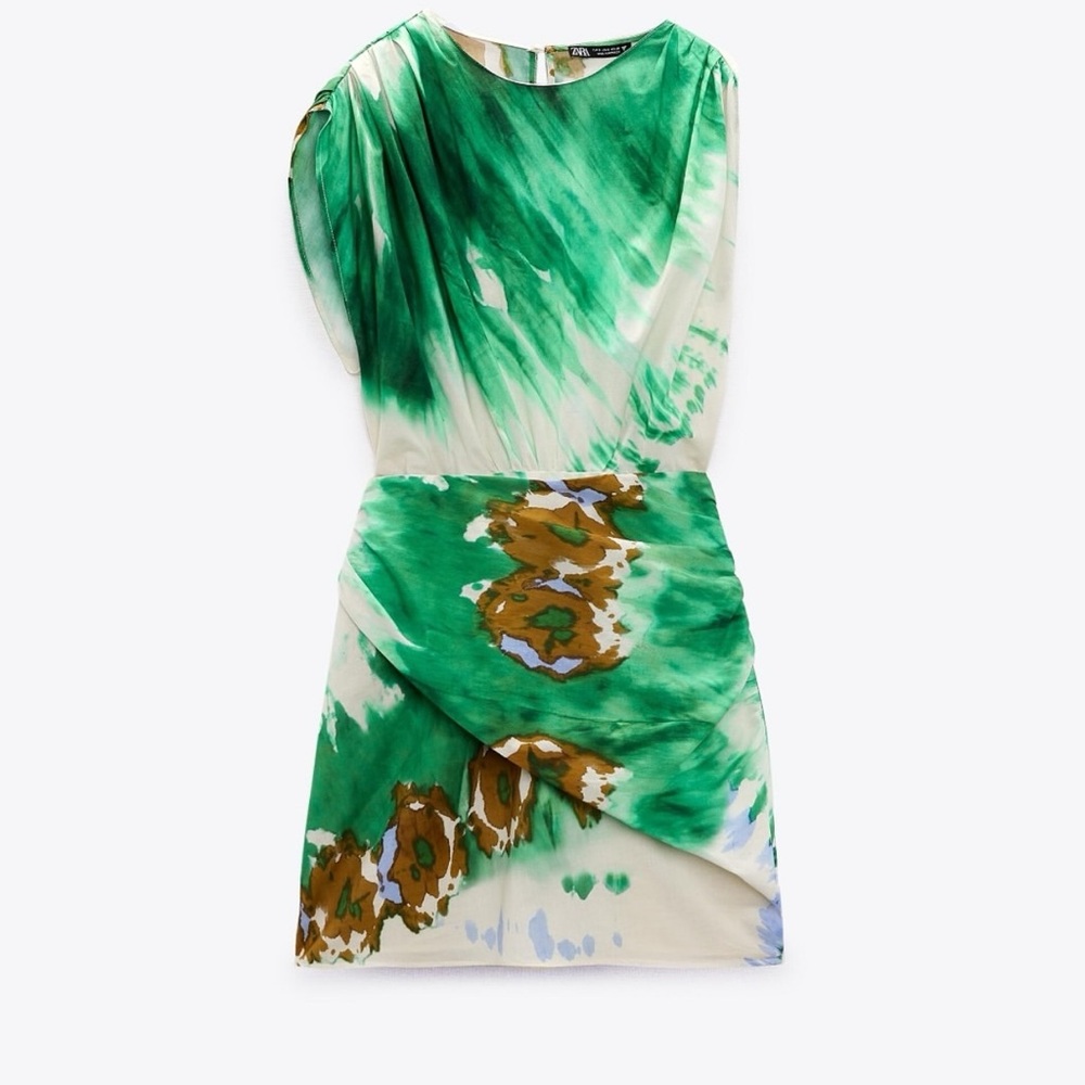 Zara | Asymmetrical Ruched Watercolor Mini Dress